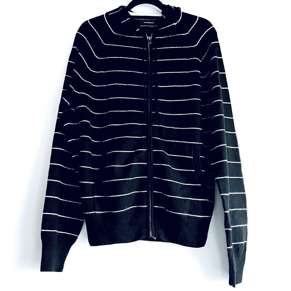 Club Monaco Black White Stripe Merino Wool Zip-Up Hoodie Men’s Size Medium